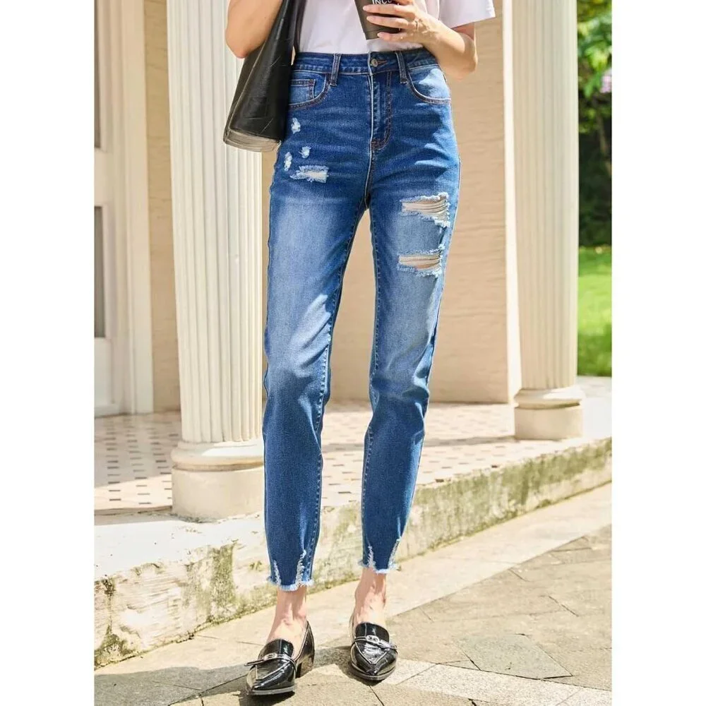 Women's High Waisted Ripped Stretch Jeans Ankle Straight Casual
